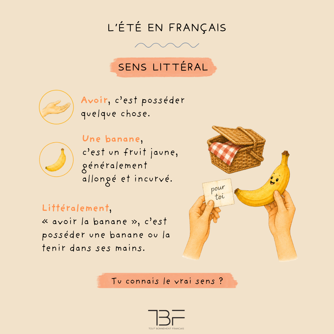 Une personne reçoit une banane près d’un panier de pique-nique, décomposition du sens littéral de l’expression « avoir la banane ».