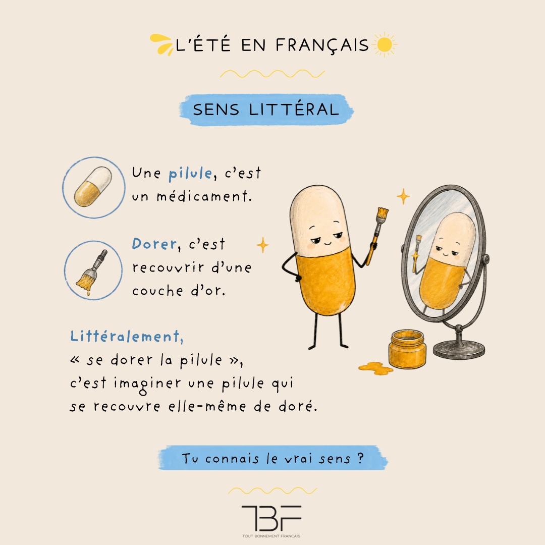 Décomposition du sens littéral de l’expression « se dorer la pilule » : une pilule se recouvre de doré.