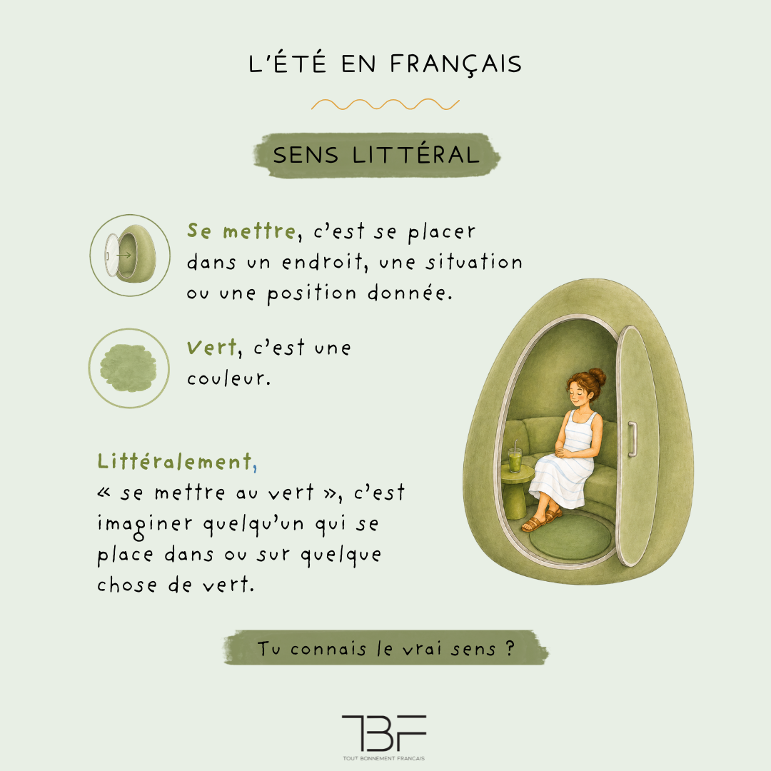 Une femme se repose dans un espace entièrement vert, décomposition du sens littéral de l’expression « se mettre au vert »