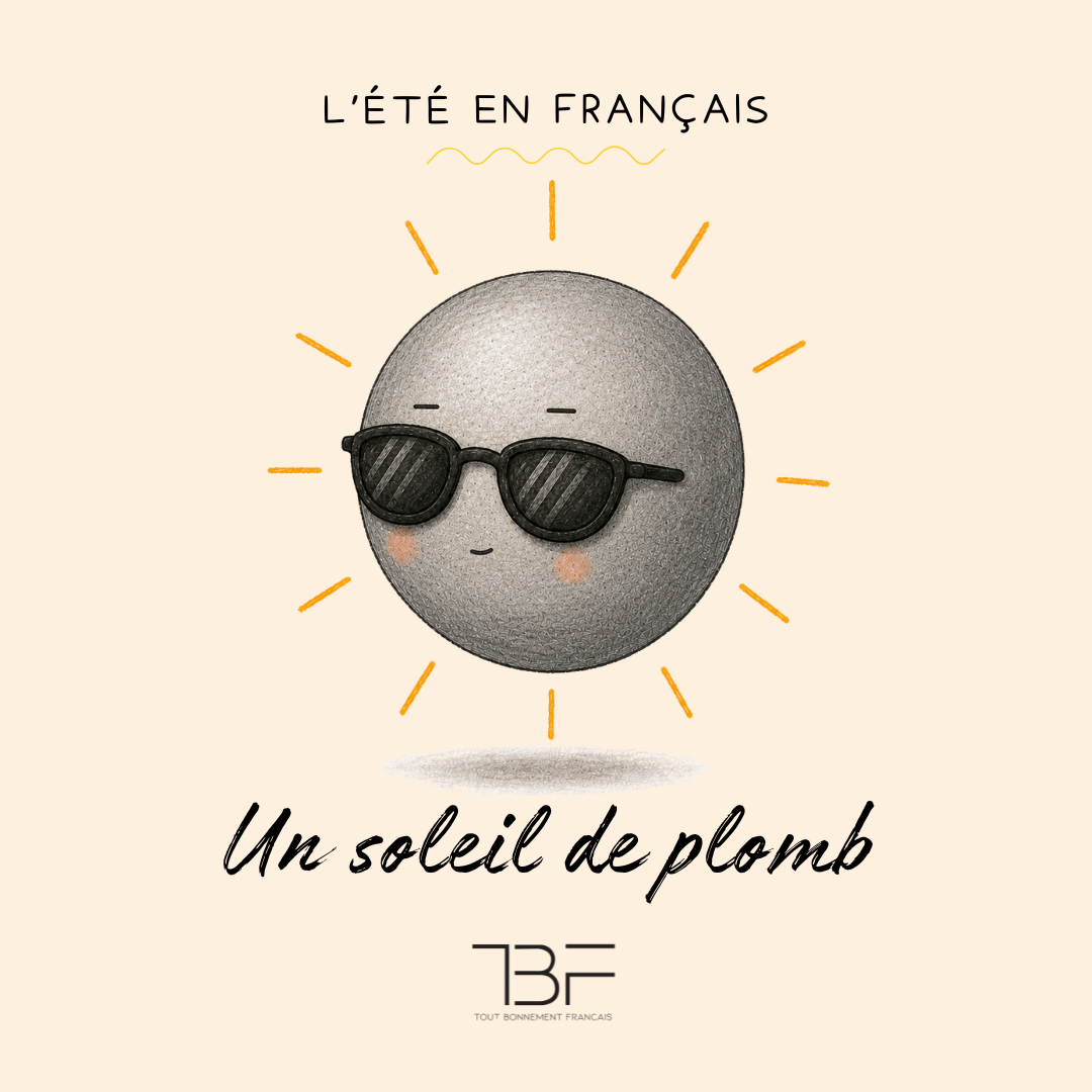 Un soleil gris en plomb portant des lunettes noires, illustration littérale de l’expression « un soleil de plomb »