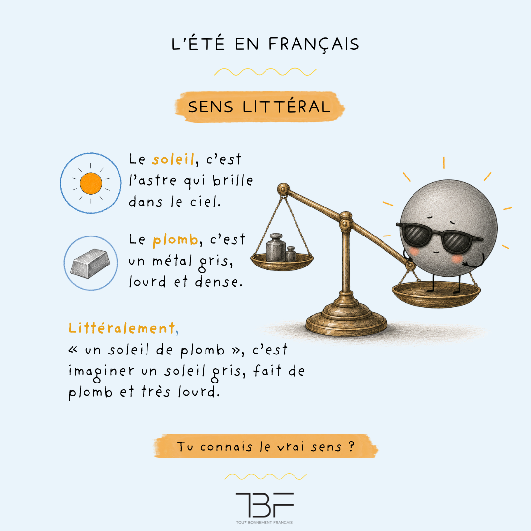 Une balance compare des poids en plomb et un soleil gris pour décomposer le sens littéral de l’expression « un soleil de plomb »