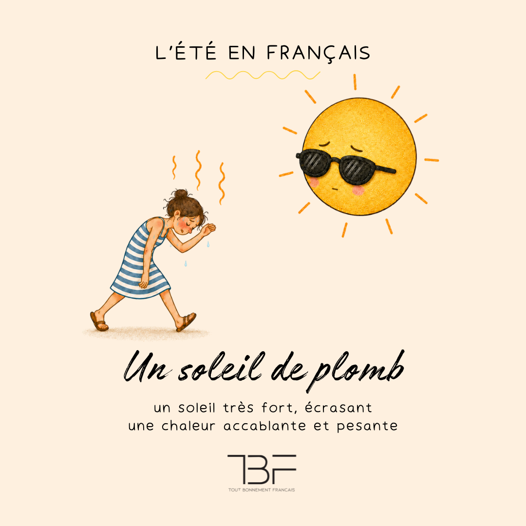 Une femme épuisée et en sueur marche sous un soleil brûlant, illustration du sens figuré de l’expression « un soleil de plomb »