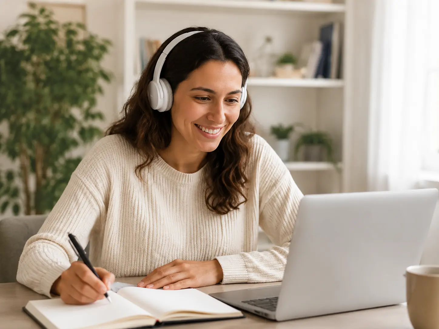 Apprenante suivant un cours de français en ligne depuis chez elle