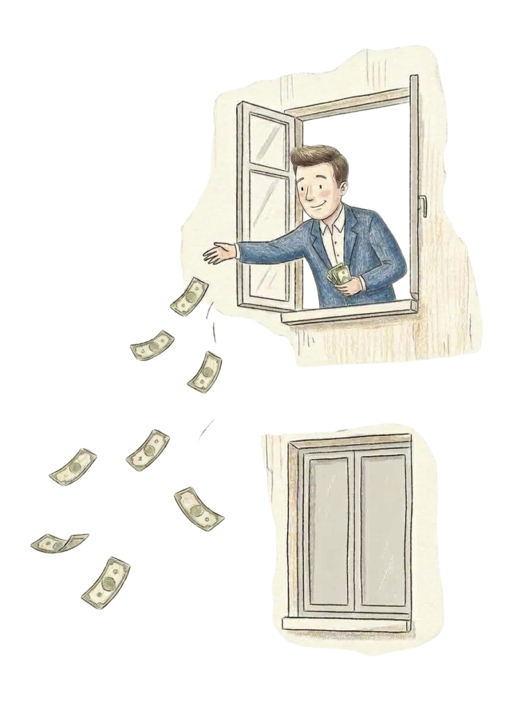 illustration littérale de l'expression jeter l'argent par les fenêtres