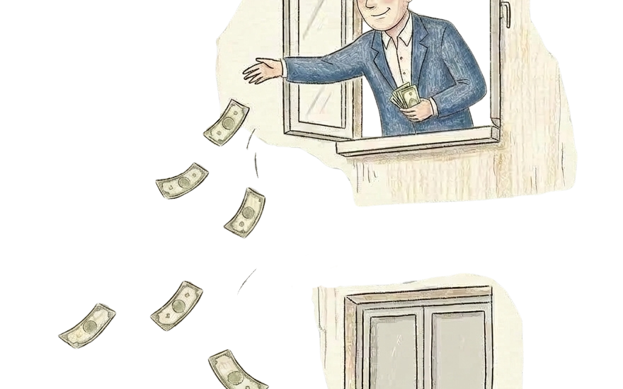 illustration littérale de l'expression jeter l'argent par les fenêtres