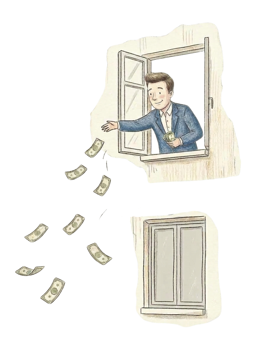 illustration littérale de l'expression jeter l'argent par les fenêtres